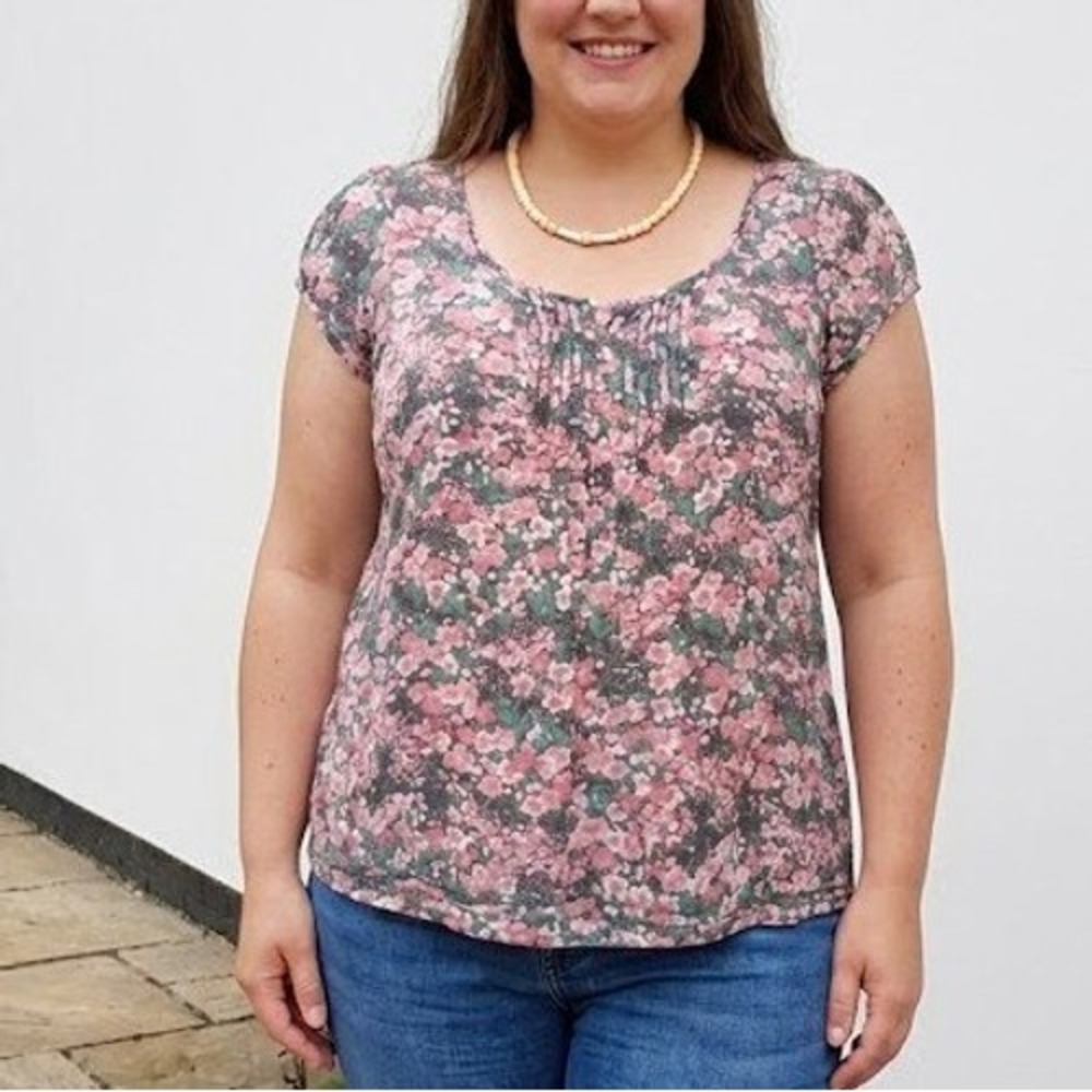 Monsoon Floral Pintuck Blouse Womens XL Pink Green Pastel Feminine Cottagecore